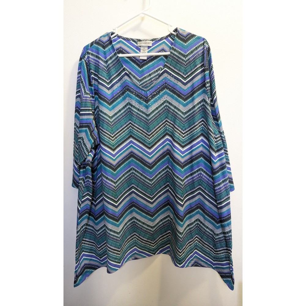 Catherine's Women's 2X Chevron Striped Pattern Rhinestone Handkerchief Hem Top